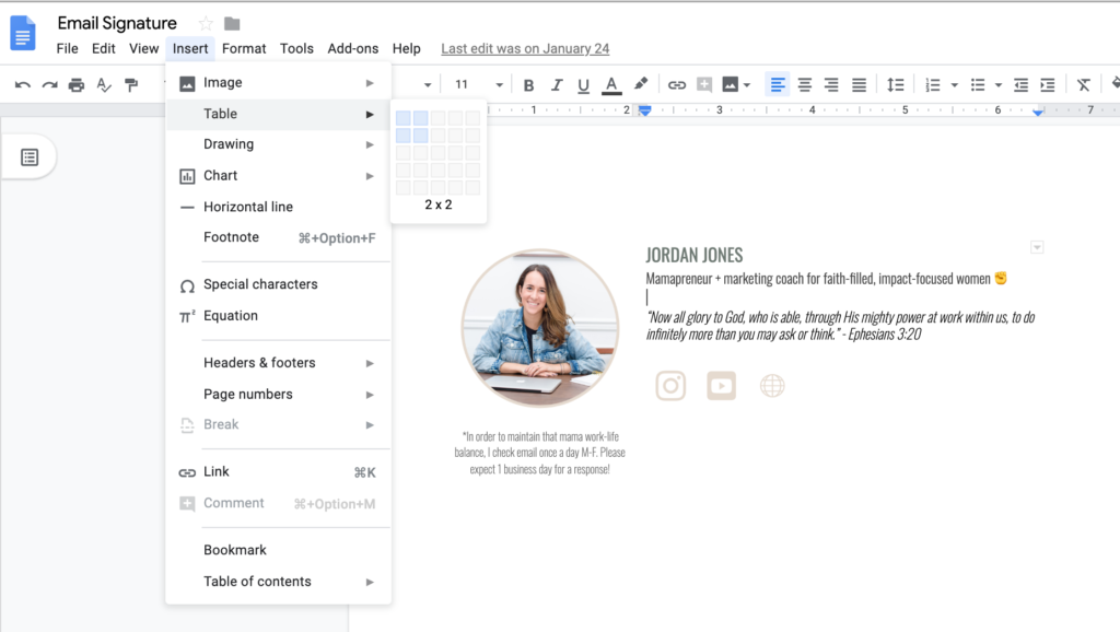 creating a table in google doc to build your email signature