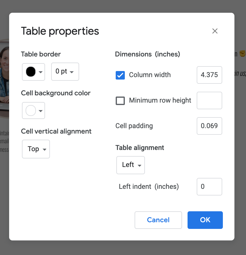 removing border from table properties