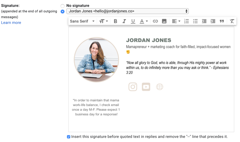 editing your signature in gmail settings